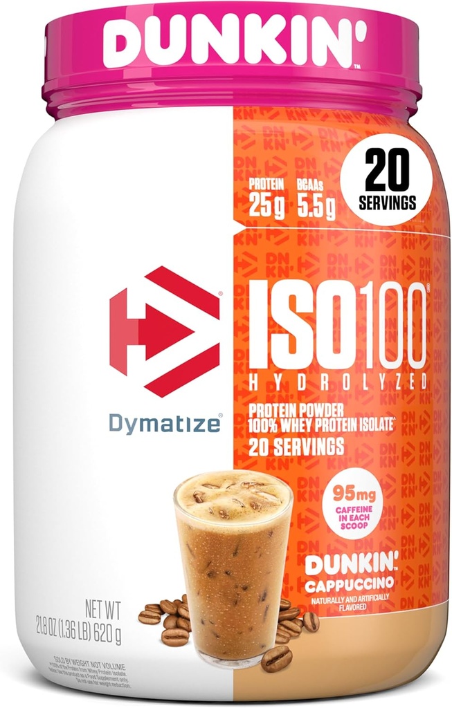 Dymatize x Dunkin' Cappuccino ISO100の乳白色蛋白質の粉、95mgカフェイン、蛋白質5.5g BCAAsの25g、120 Cal。、グルテンフリー、1g脂肪、1g砂糖、2gカラブ(20のサービング)