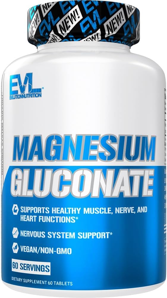 Evlution Nutrition Magnesium Gluconate - Muscle + Nerve + Heart Health Supplement - Nervous System Support - Vegan & Non-GMO - 60 Servings