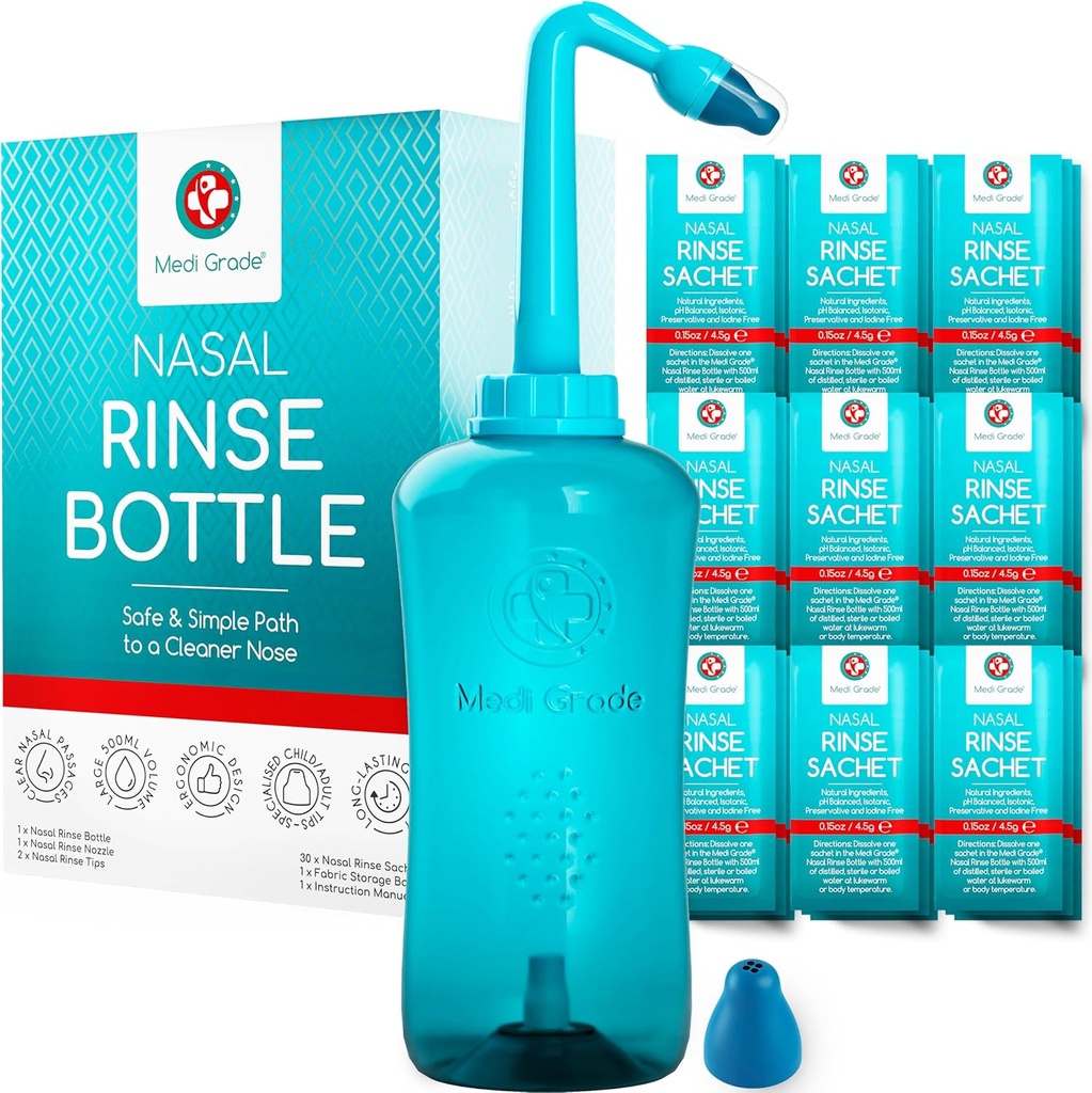 メディグレードのSinusのリンスボトル、30のSinusのリンスパケット付き500ml - 完全な鼻灌漑システム - Netiポットノーズクリーナー - 家や旅行のための鼻洗浄キット - 2鼻リンスのヒントとストレージバッグ