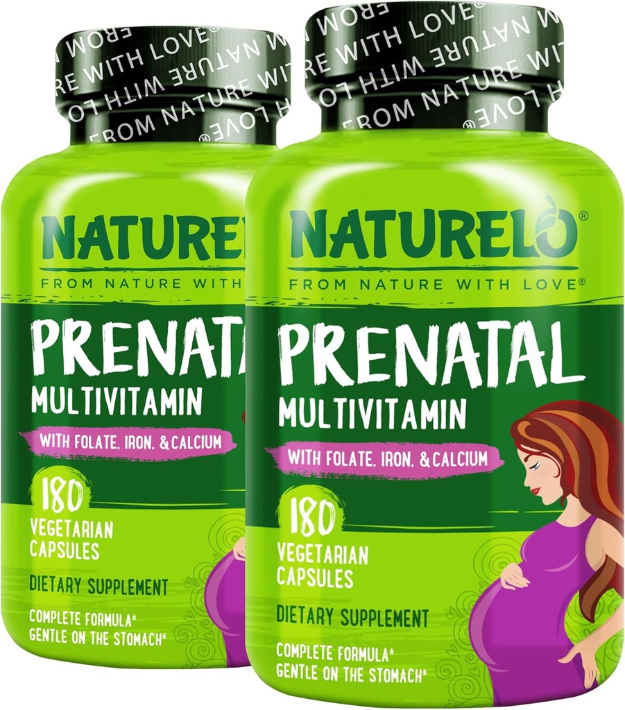 NATURELO Prenatal Multivitamin with Gentle Chelated Iron, メチル Folate, 植物カルシウム & コリン - ビーガン, ベジタリアン - 非GMO - グルテンフリー - 180 カプセル - 4 ヶ月の供給 (パック 2)