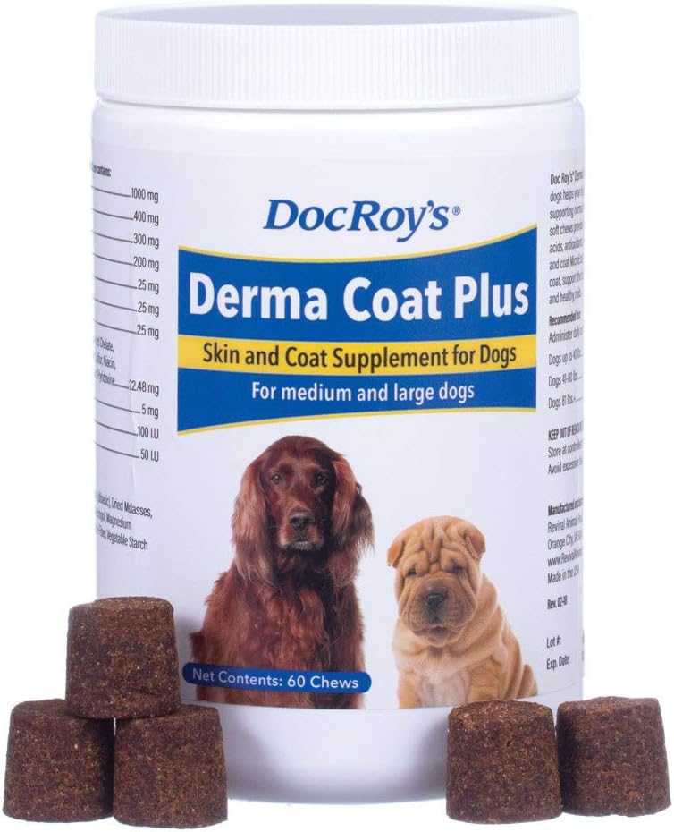 再生動物健康 Doc Royの皮膚コートプラス 中/大犬用スキン&コートサプリメント - 60 ct 咀嚼