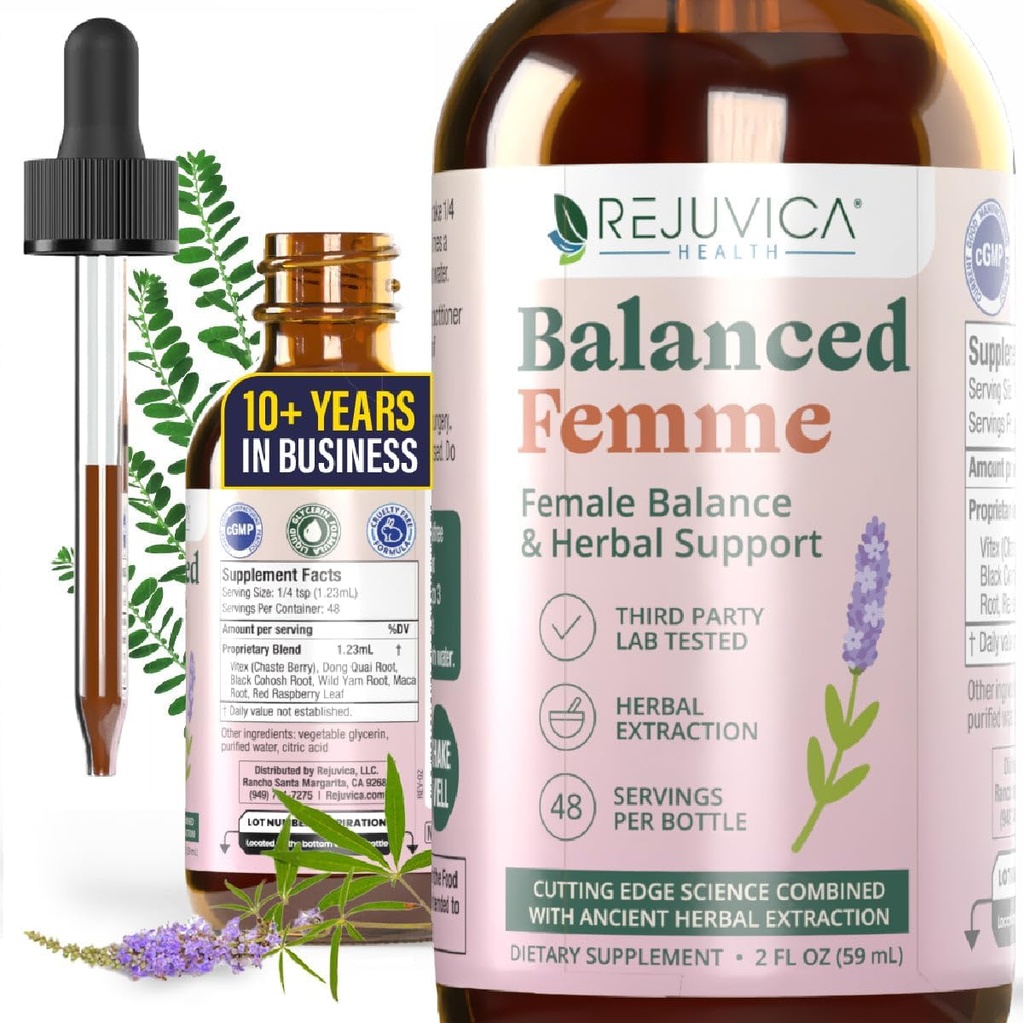 Rejuvica Health Balanced Femme - 高度な女性バランスサポートサプリメント - より良い吸収のための液体配達 - Vitex、ドンキア、ブラックコホッシュ、マカワイルドヤム&もっと!