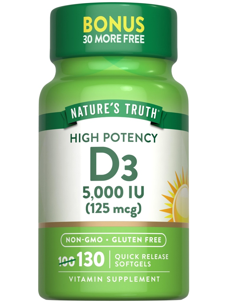 Nature's Truth Vitamin D3 5000 IU Softgels | 130 カウント | 高効力 | 非GMO&グルテンフリーサプリメント