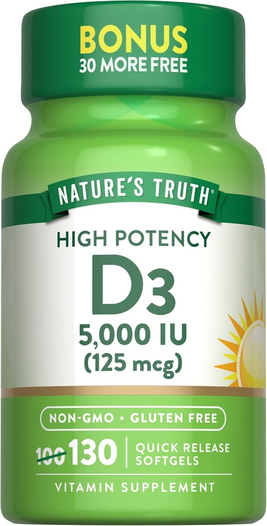Nature's Truth Vitamin D3 5000 IU Softgels | 130 カウント | 高効力 | 非GMO&グルテンフリーサプリメント