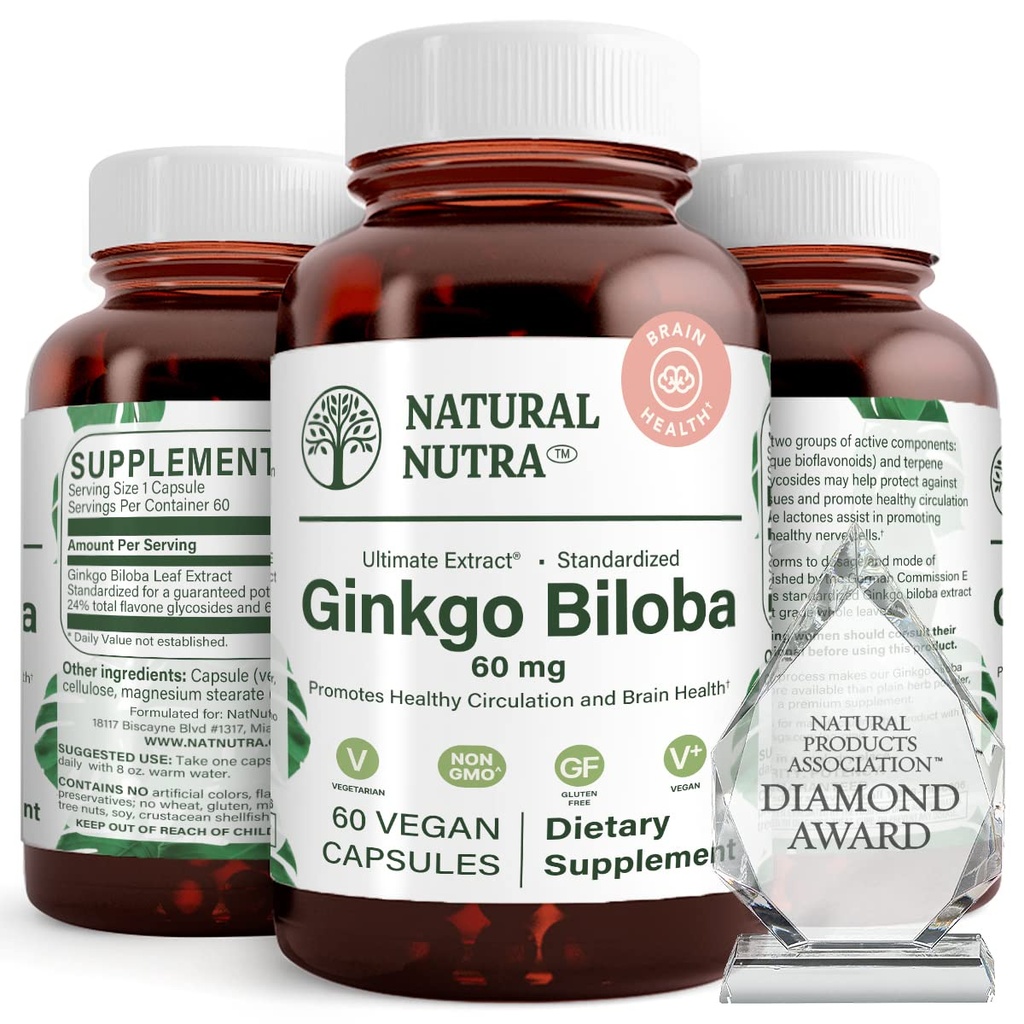 自然なNutra Ginkgo Biloba, 脳とブーストの記憶に循環を改善, 酸素の流れを高めます, 脳機能を強化, 神経の健康をサポート, ビーガンとグルテンフリー, (60) カプセル