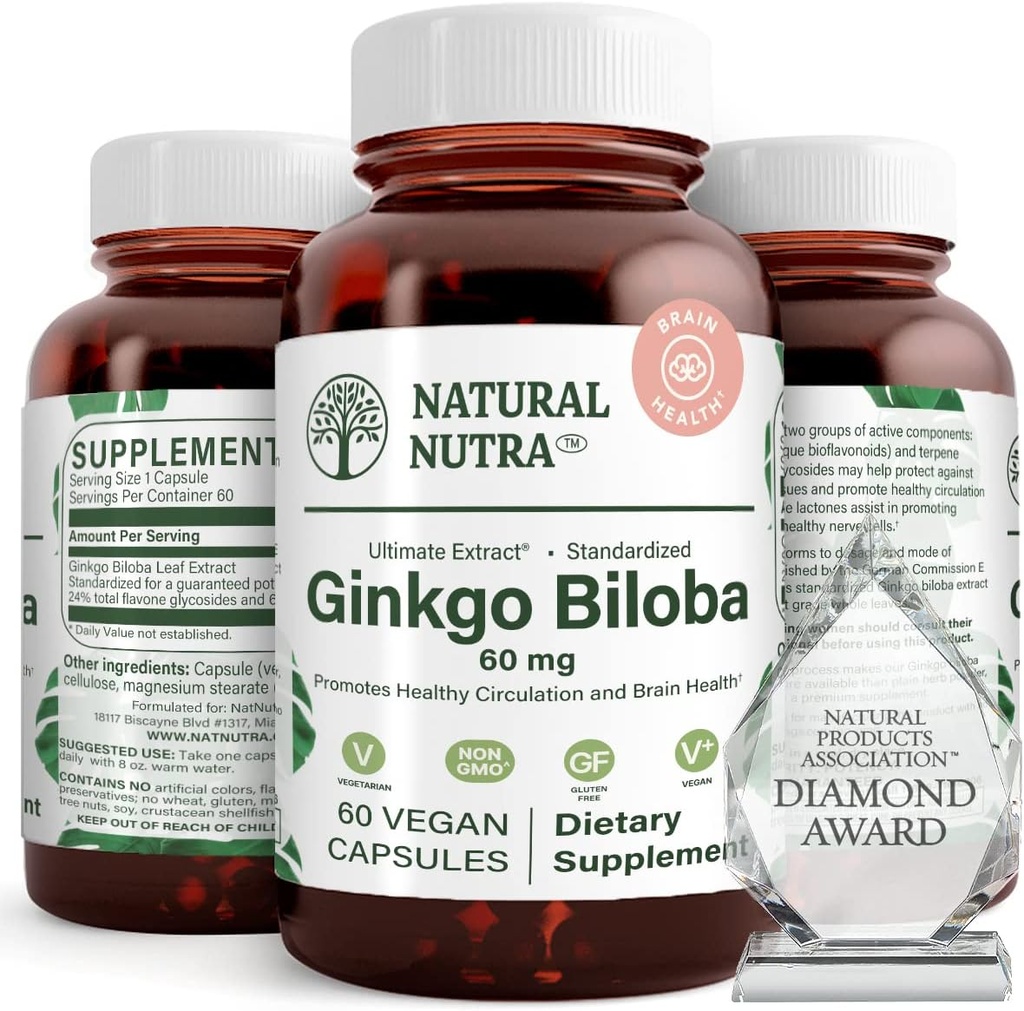 自然なNutra Ginkgo Biloba, 脳とブーストの記憶に循環を改善, 酸素の流れを高めます, 脳機能を強化, 神経の健康をサポート, ビーガンとグルテンフリー, (60) カプセル
