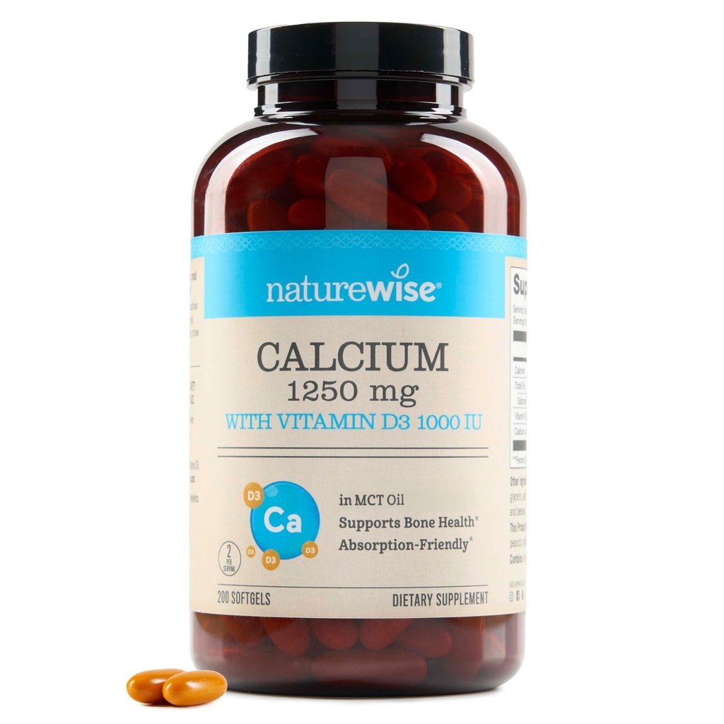 NatureWise 高純度、オールナチュラルカルシウム 1250mg + ビタミンD3 1000IU + オーガニックMCTココナッツオイル - 妊娠中セーフ+非GMO - 吸着フレンドリー、グルテンフリー - 200 Softgels[100日の供給]