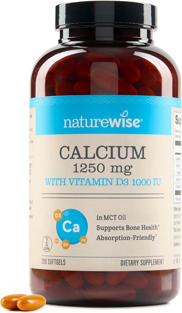 NatureWise 高純度、オールナチュラルカルシウム 1250mg + ビタミンD3 1000IU + オーガニックMCTココナッツオイル - 妊娠中セーフ+非GMO - 吸着フレンドリー、グルテンフリー - 200 Softgels[100日の供給]