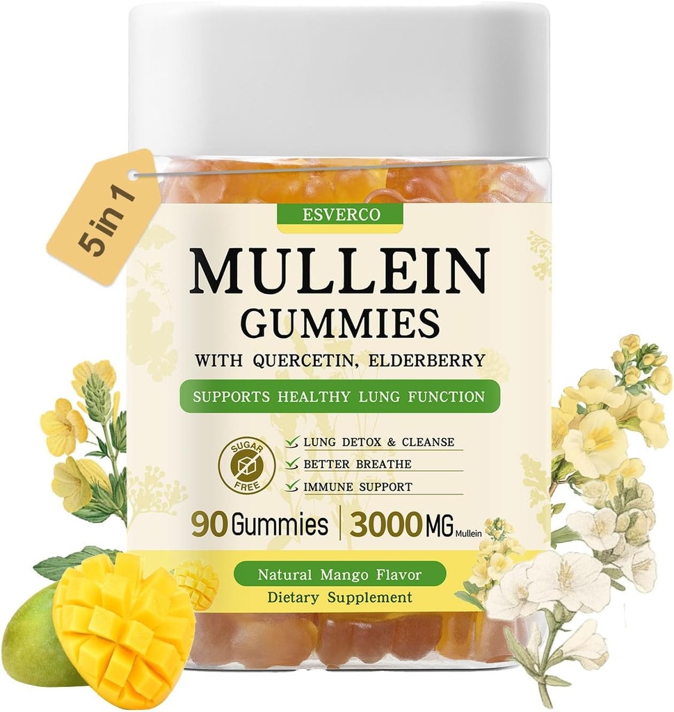Mulleinは3600mg Mulleinの葉のエキス、肺のクレンジングのための1の7つ、Respiratory肺の健康、免疫のブースター、Elderberry、Quercetin、Bromelain、ビタミンC&D3、砂糖、大人のため、ビーガン、90の計算とグミーを取り除きます