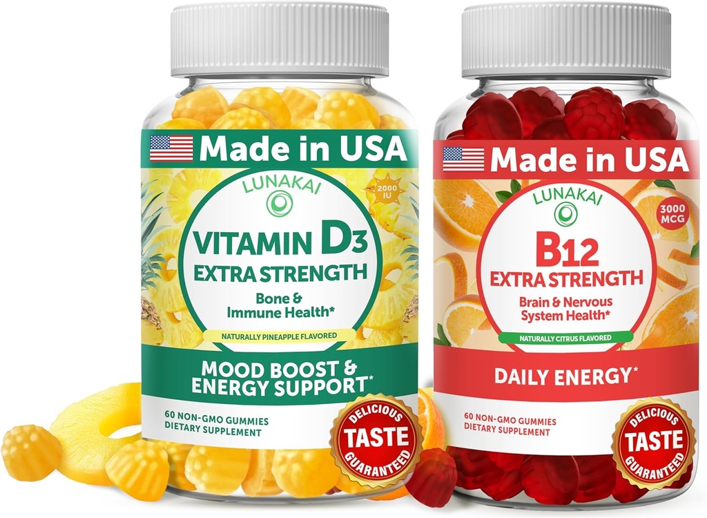 LunakaiのビタミンD3およびビタミンB12のグミーの束-免除、骨および気分サポートVIT D3 2000IUの補足- 3000mcgのMethylcobalaminの高い吸収のエネルギー ガミー- 30日の供給