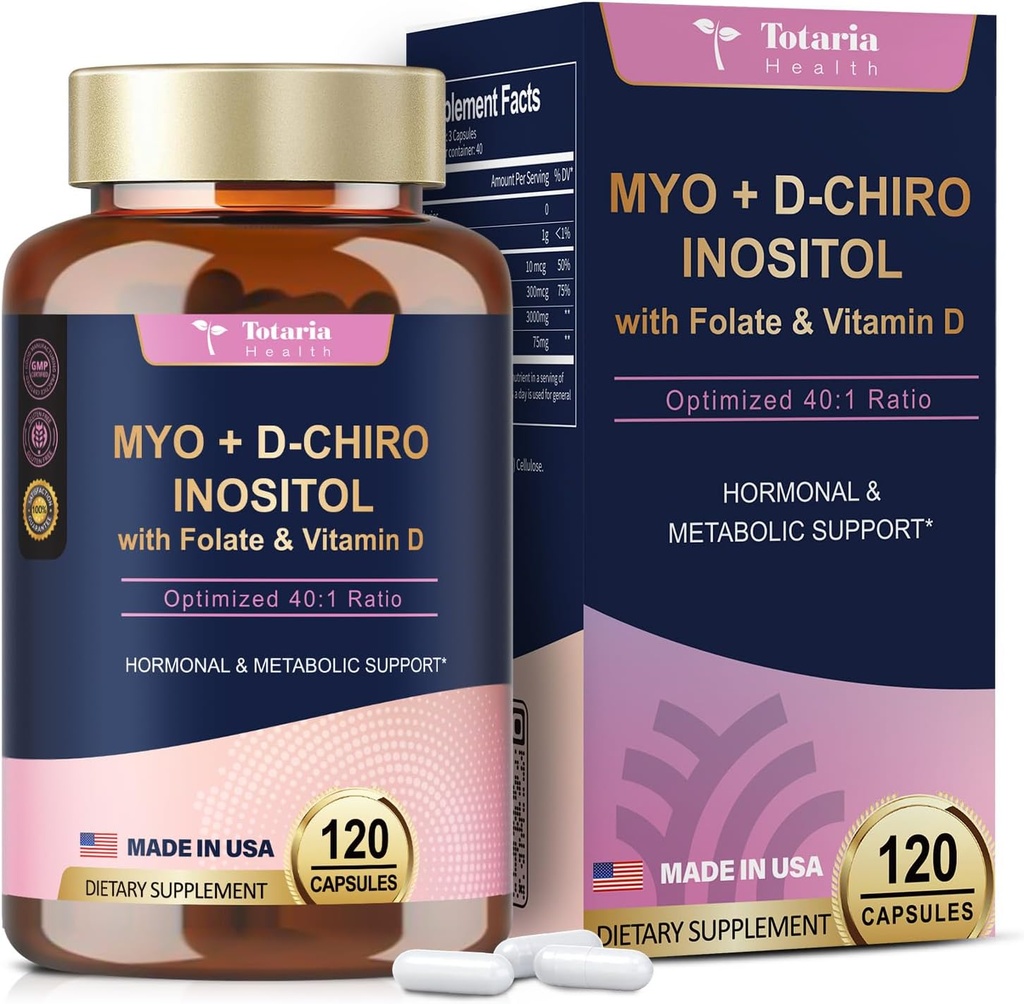 Totaria Inositolサプリメント - 3075mg Myo-Inositol&D-Chiro InositolカプセルプラスビタミンD3、 Folate、理想的な40:1比率 - 女性&Ovarian*サポートのためのホルモンバランス | ビーガン、非GMO - 120キャップ