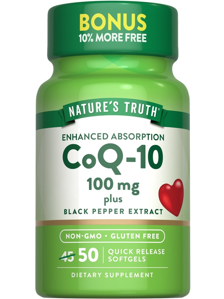 Nature's Truth CoQ10 100mg | 50 Softgels | プラスブラックペッパーエキス | 非GMOとグルテンフリーのサプリメント