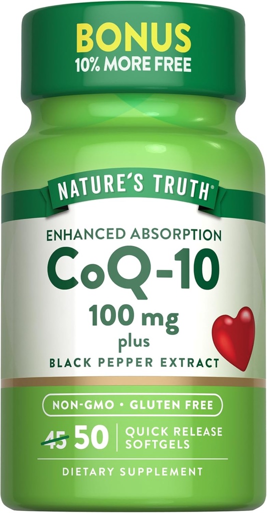 Nature's Truth CoQ10 100mg | 50 Softgels | Plus Black Pepper Extract | Non-GMO and Gluten Free Supplement