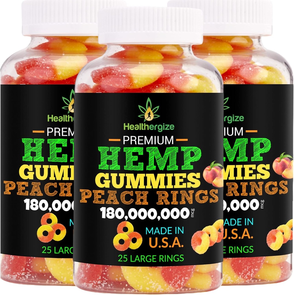 3パック ヘンプ グミーズ プレミアム ヘンプオイル ピーチ リング Hemp Gummy-for Sleep, Calm, Relax, Chill-Natural edibles Party-Made in USA