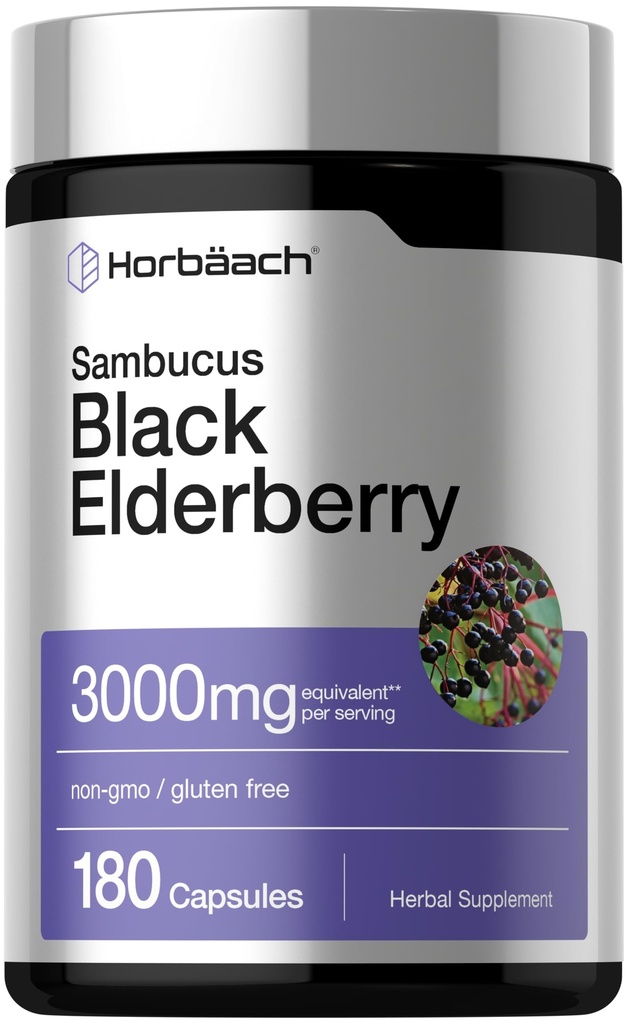 ホッハブラックエルダーベリー | 3000mg カプセル | 180 カウント | 非GMO グルテンフリー | サムブカス エキス サプリメント