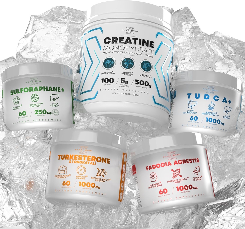 バンドル - トルケステロン&トンカトアリ+ファドジャアグレシス+クレアチン+スルフォラファン+タドカ - ブーストスタミナ、筋肉の成長、肝臓の健康、認知機能&デトックス - アメリカ製