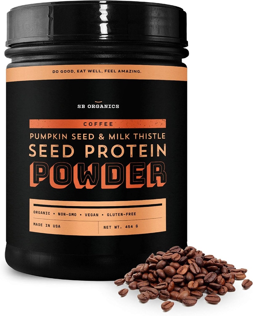 Sun Bay Organics Pumpkin and Milk Thistle Seed Vegan Protein Powder - 1lb Canister - Coffee Plant Based Protein Powder Shake Mix - 13g Protein Blend - Soy, Dairy, Sugar, and Gluten Free
