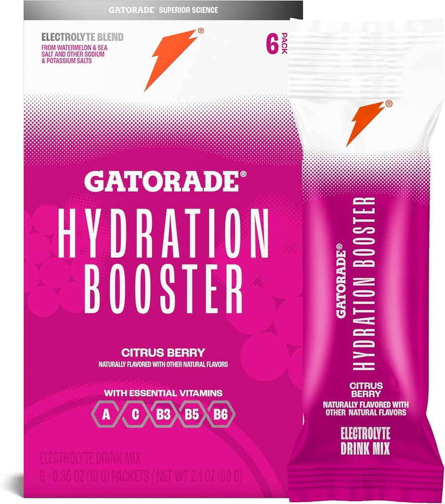 GatoradeのHydrationのブースターの電解物の飲み物の組合せの粉のパケット、Citrusのベリー、高度のElectrolyteのブレンド、加えられた色無し、人工的な甘味料、必要なビタミンA、C、B3、B5、B6は20 FlのOz、(6パック)を作ります