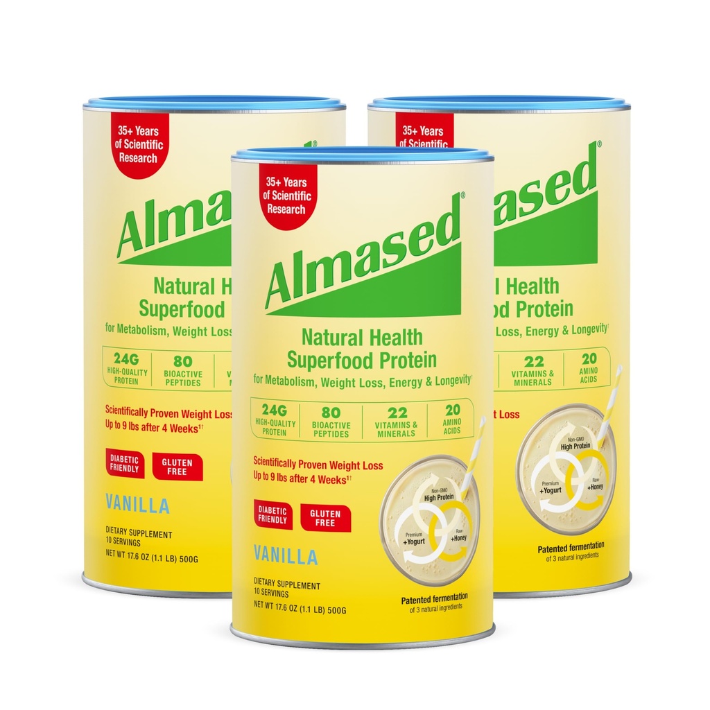Almasedバニラミール交換シェイク - 低血糖高プラントベースプロテインパウダー栄養体重健康サポートサプリメント - バニラフレーバー - 17.6オンス(1.1ポンド(3パック)