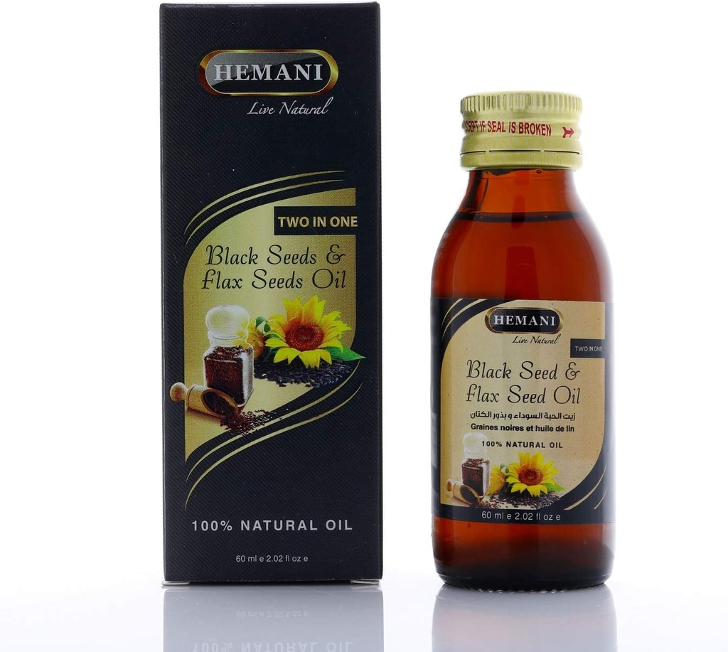 Hemani は黒の種および亜麻の種油のブレンド 60ml-グルテンフリー、非 GMO、オメガ 3、6、及び9 の高い接合箇所、脳および中心機能を支えます