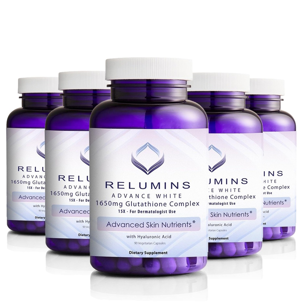 Relumins L-Glutathione Complex 1650mg - Antioxidant Support with Alpha Lipoic Acid, NAC, L-Methionine & Vitamin E for Skin, for a Summer Glow Skin - 90 Vegetarian Capsules x 5 Bottles