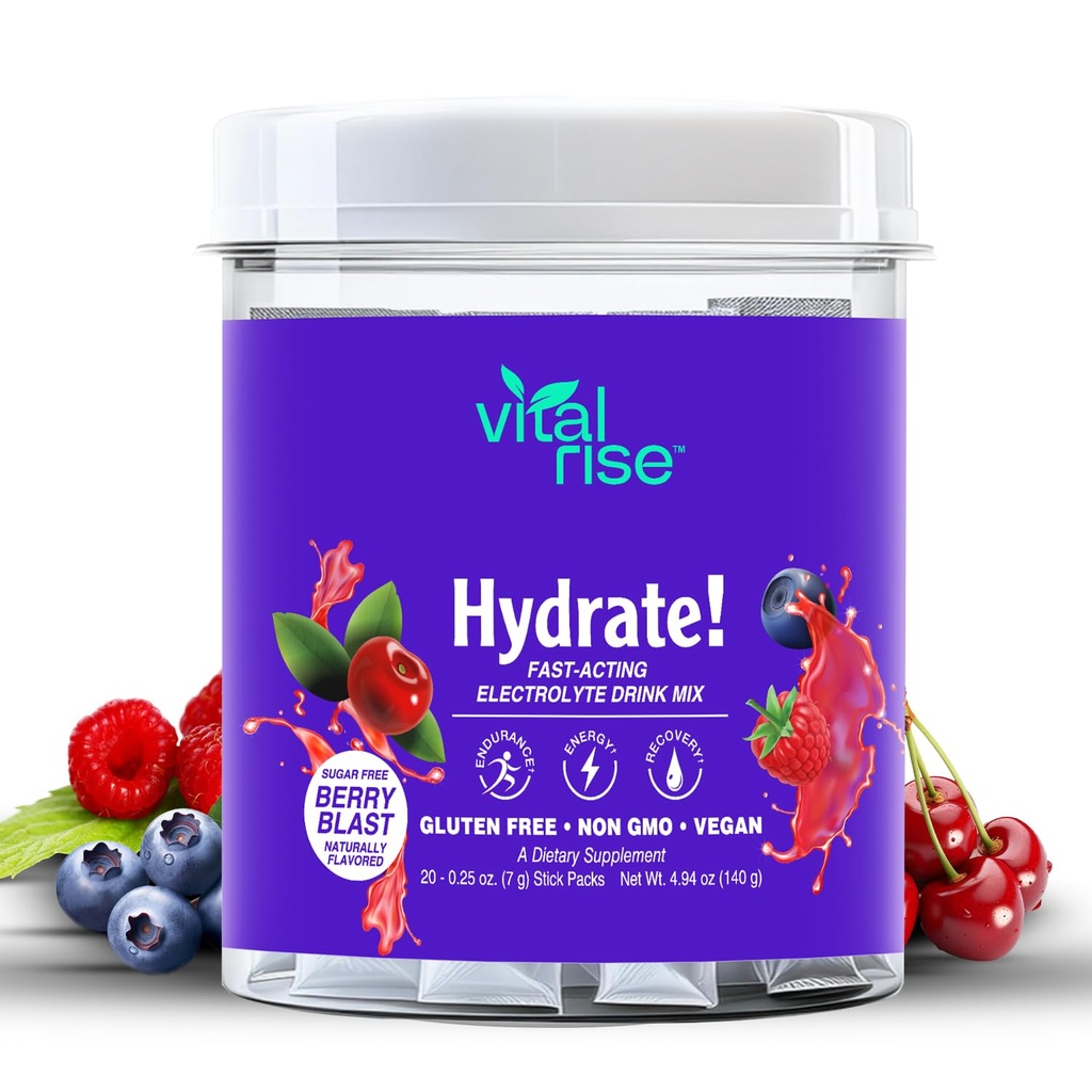 Vital Rise® ハイドレート! - ベリーブラスト - ハイドレーションパウダーパック | 低ナトリウム電解液ドリンクミックス | イージーオープン シングルサービングスティック | 非GMO | 20 サービング(パック1)