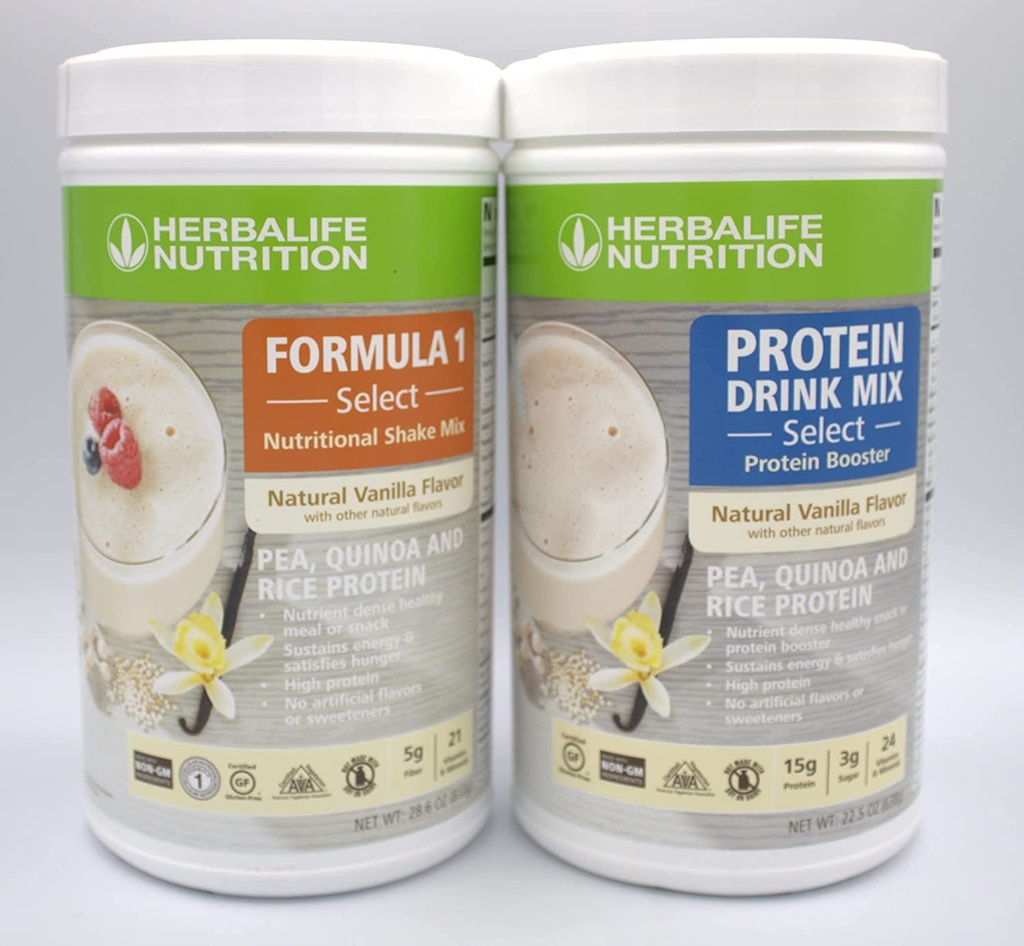 Herbalife DUO:フォーミュラ1選択(天然バニラ味810g)とプロテインドリンクミックス638g)、栄養価の高い食事やスナック、人工甘味料、グルテンフリーパック2