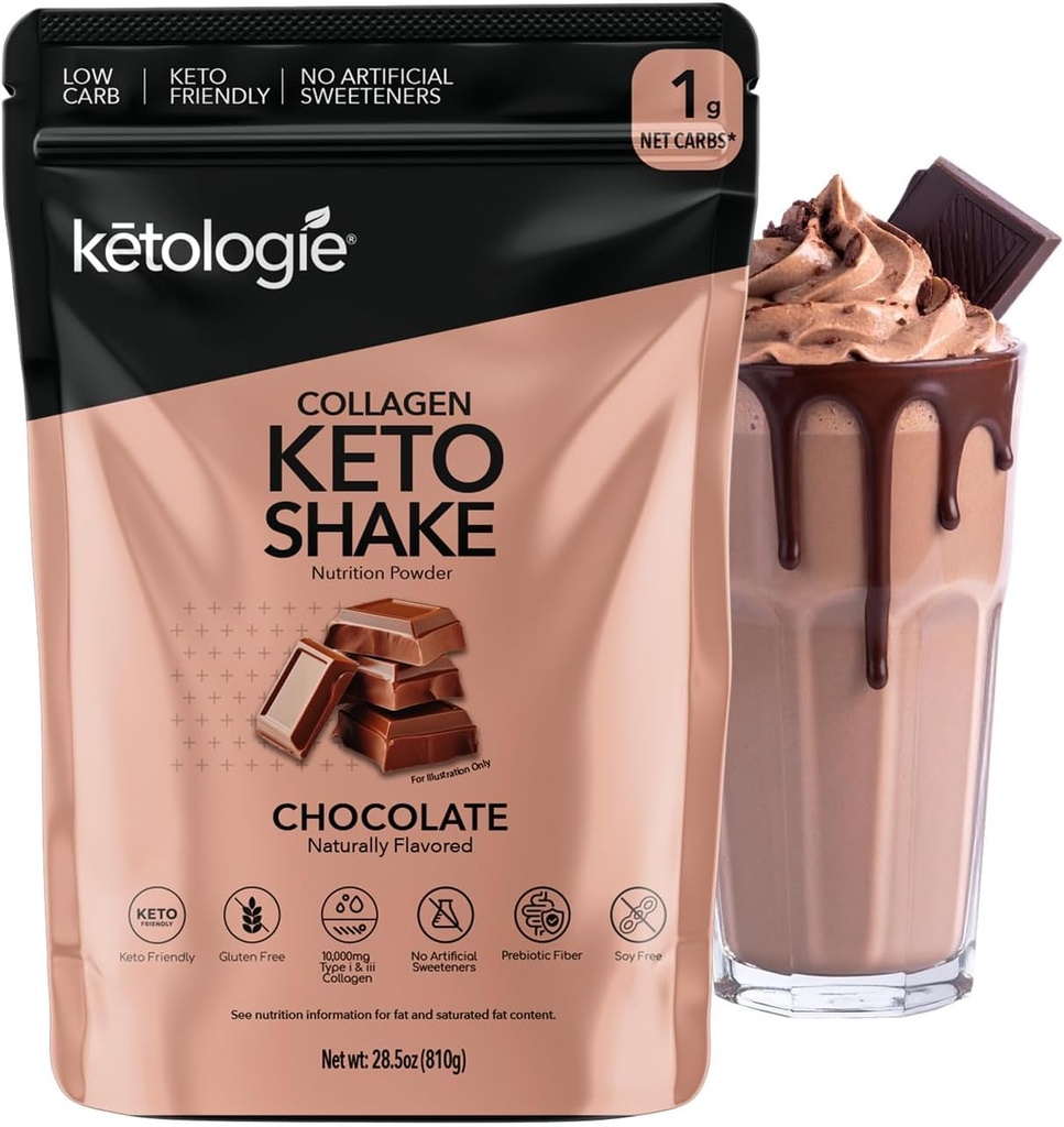 Keto Collagen Shake(チョコレート) - ココナッツオイル、プレバイオティクス、グラスフェッド加水分解コラーゲンペプチドタイプI&III、低炭水化物、グルテンフリー、1.78lbs。 (810g)
