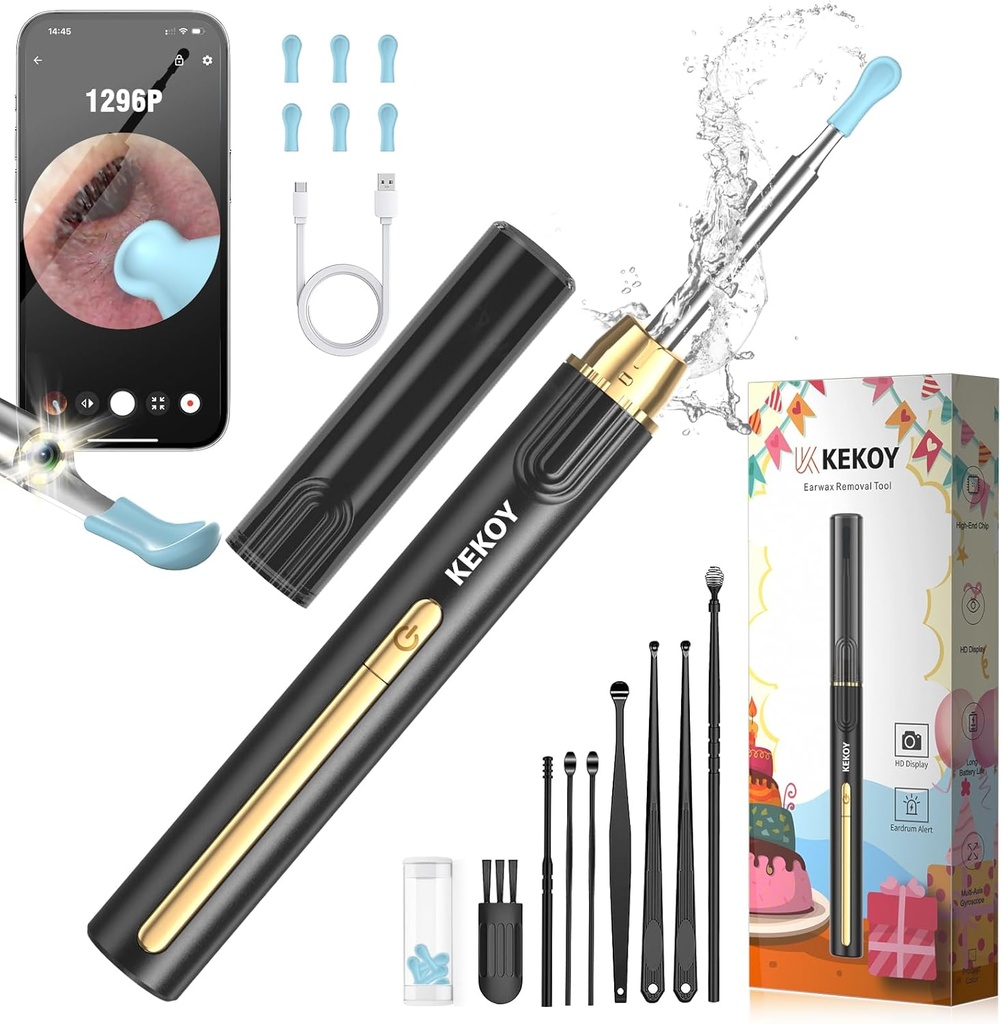 クリスマス、1296P HDの耳のワックスの取り外し用具のカメラ、耳のクリーニングのためのライトが付いているWiFi Otoscope、iOSのための耳の内視鏡及び人間の特徴をもつ、8 PCの耳セット(金)が付いているカメラが付いているKekoyの耳の洗剤
