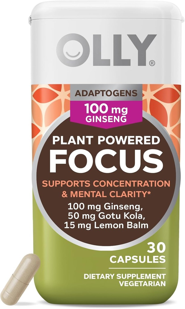 OLLY 焦点の適応物質、Ginseng、Gotu Kola、気分サポート補足、ベジタリアンのカプセル- 30ct