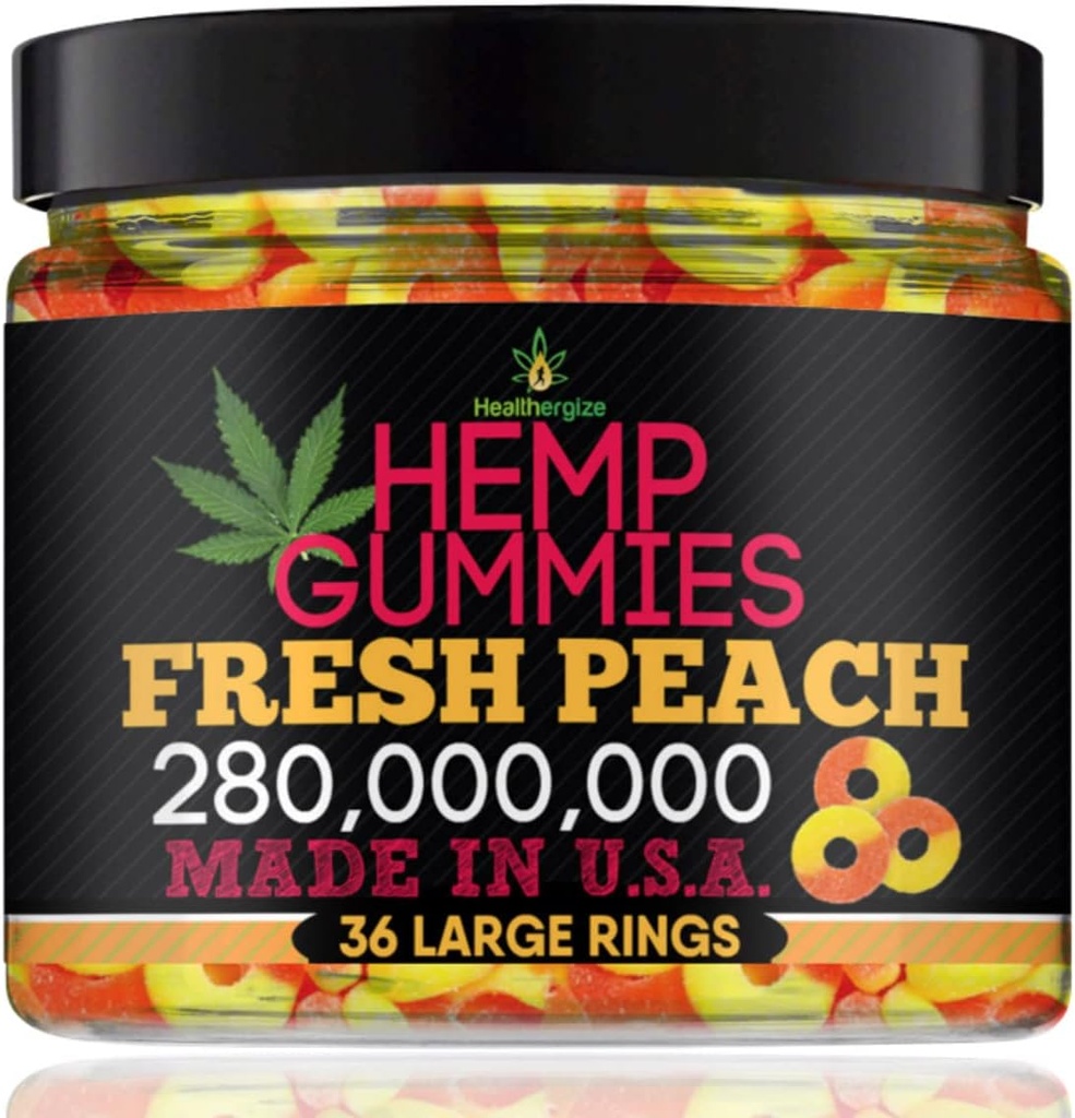 Hemp Gummies for Peace and Relaxation-High Potency Hemp Oil Gummys Peach-Fresh Full Flavor-Natural Hemp Edibles-for Back, Knees, Calm, Sleep, Discomfort-36 Large Rings-Made in USA, アメリカ
