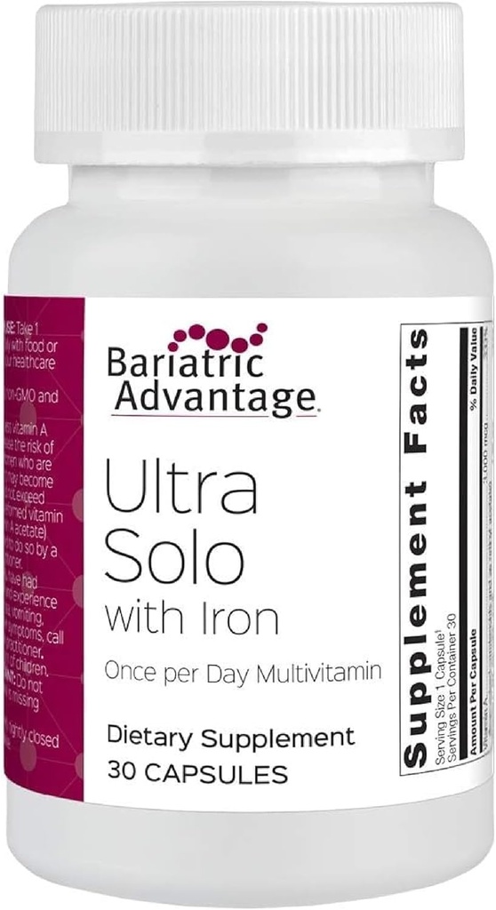 Bariatric Advantage Ultra Solo with Iron - Once-Per-Day Daily Multivitamin - for Bariatric Patients - with Thiamin, Vitamin A & More - Gluten Free - 30 Capsules