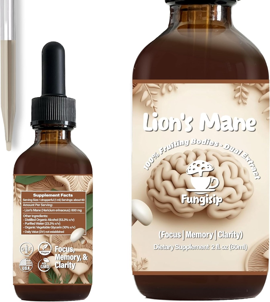 Lion’s Mane Tincture – Organic Brain & Focus Support – Ultra-Potent Alcohol-Based Liquid Mushroom Extract – 2 oz
