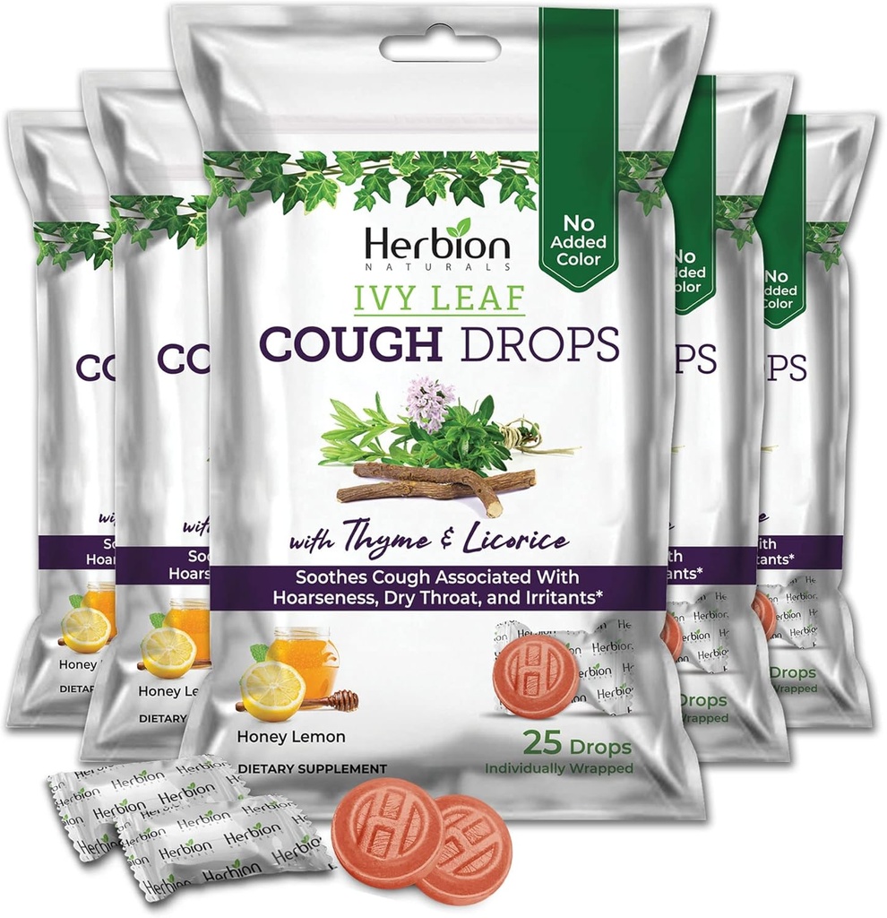 HERBION Naturals Ivy Leaf Cough Drops with Thyme & Licorice, Honey Lemon Flavor, Soothes Cough, for Adults & Children Over 6 Years, 125 Count, Pack of 5