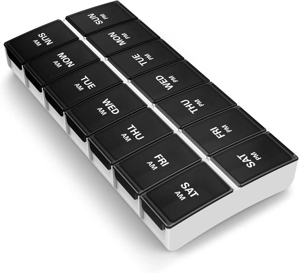 BUG HULL 7日AM/PMの丸薬のオルガナイザー-携帯用丸薬箱、旅行箱、黒