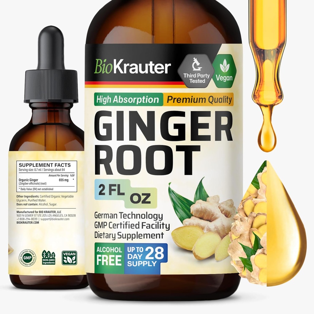 BIO KRAUTER Ginger Root Extract - 全体的なウェルネスのための天然ジンジャーサプリメント - アルコールと砂糖無料 - ビーガンドロップス2 Fl.Oz.