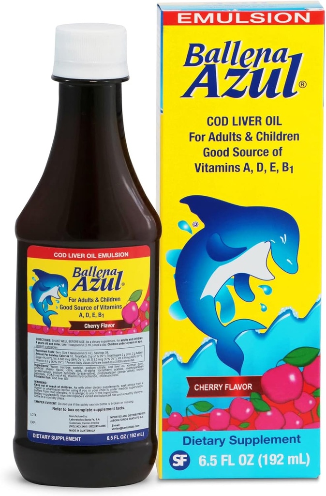 バレナ Azul Aceite de Hígado de Bacalao para Adultos y Niños, COD Liver Oil for Adults and Children, ビタミンA、D、E、B1、栄養補助食品、オメガ3