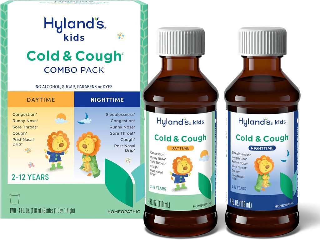 Hyland's Kids Cold and Cough, Day and Night Combo Pack, Cold Medicine for Ages 2 and up, Syrup Cough Medicine for Kids, Nasal Decongestant, 4 Fl Oz (Pack of 2)