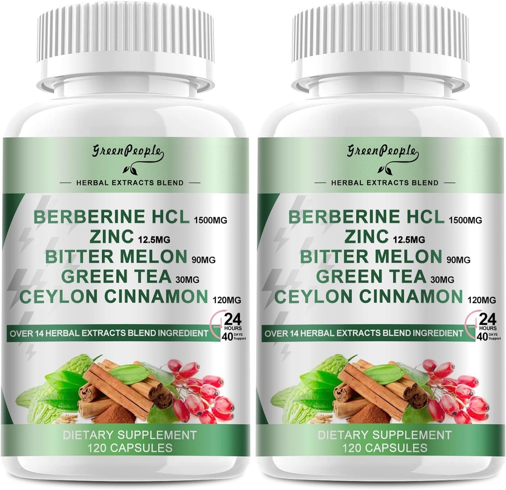 Ceylon CinnamonのGREENPEOPLE Berberineの補足- 120の計算のBerberine 1500mgのBitterのMelon/Artichokeのエキス及び免疫サポート2のパックのための自然なハーブが付いているBerberine HCLのカプセル