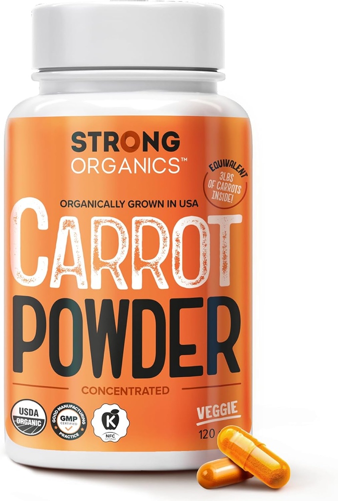 USDA Organic Carrot Powder Capsules (120), Grown in USA, Eye Support, Beta Carotene, Vitamin A, Carotenoids, Antioxidants,106°F Max, Vegan, Kosher-2 Months Supply