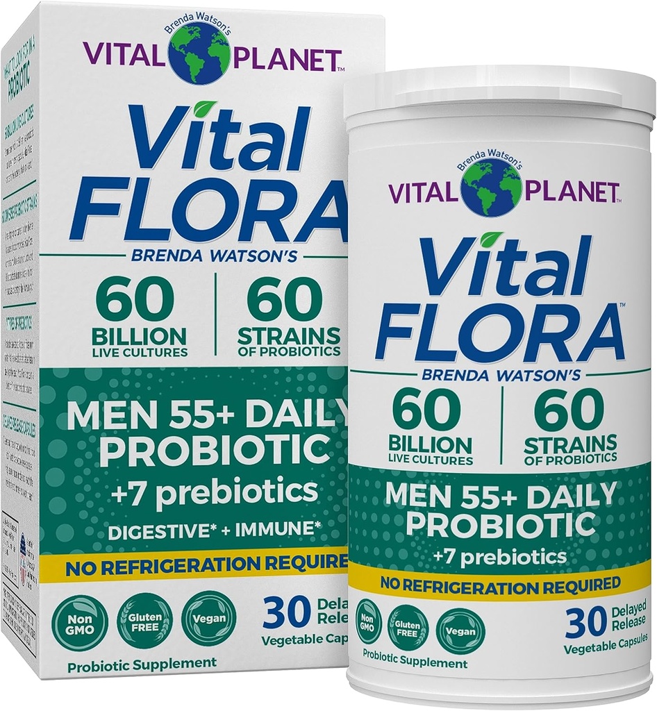 Vital Planet - Vital Flora Men Over 55 Daily Probiotics、60 Billion CFU、Diverse Strains、有機プレバイオティクス、免疫サポート、消化の健康シェルフ 男性の安定したプロバイオティクス、30カプセル
