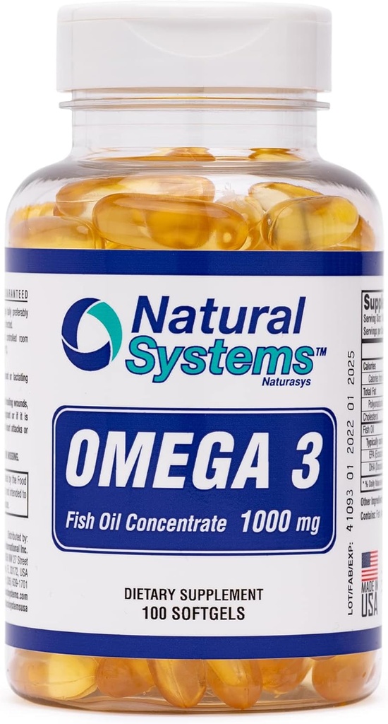 Omega 3 1000mg 魚油 100 濃縮軟ゲル 自然システム - Omega 3 サプリメント - 毎日の食事のためのカプセル - EPA - DHA - 心、目、脳、関節サポートに最適です*