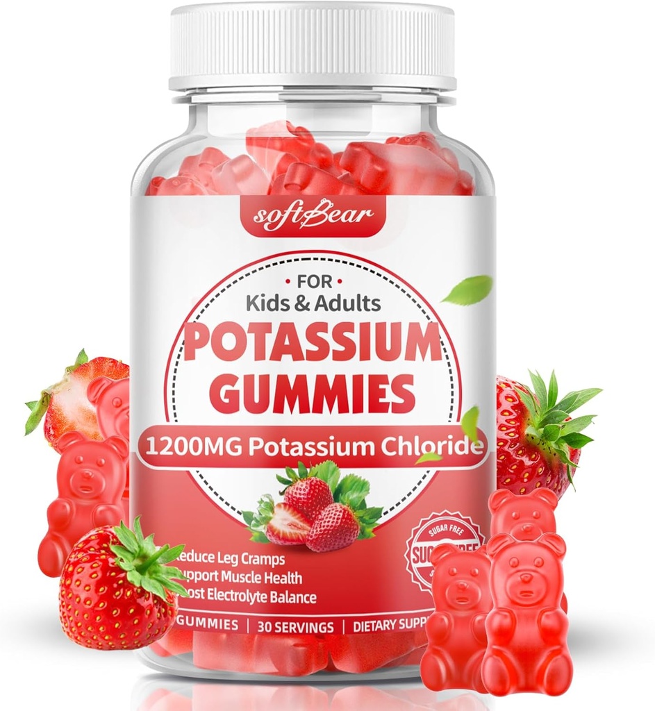 softbear Potassium Gummies for Adults, Sugar Free Potassium Chloride Gummies 1200mg Support Leg Cramps & Electrolyte Balance High Potency Potassium Supplement, Strawberry Flavor 60 Count