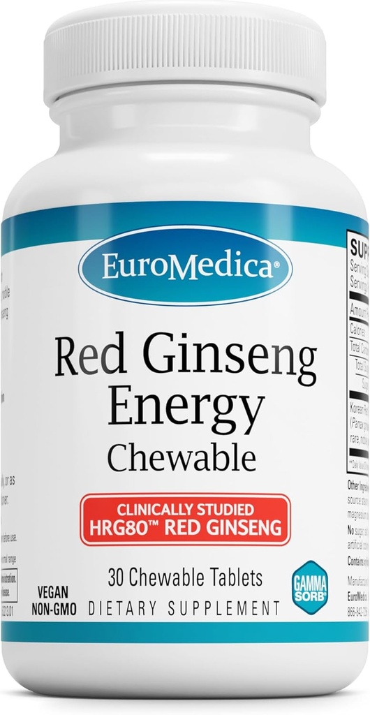 EuroMedica 赤い Ginseng エネルギー - 健康エネルギーをサポートするためのサプリメント & 焦点 - 韓国の赤い Ginseng 根の粉とハーブサプリメント - エイドヘルシー持久力へのビーガンタブレット - 30 咀嚼可能なタブレット