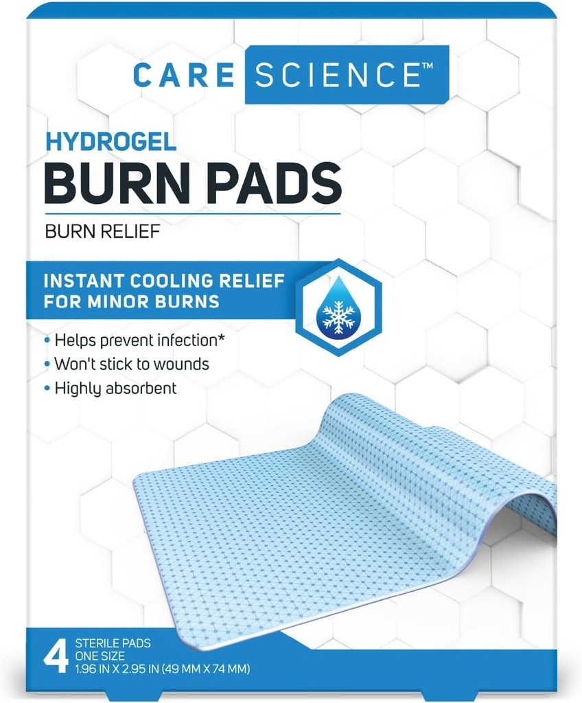 Care Science Hydrogel Sterile Burn Dressing Bandage Pads for Burn Relief, 4 ct | Instant Cooling Relief for Minor Burns & Wounds