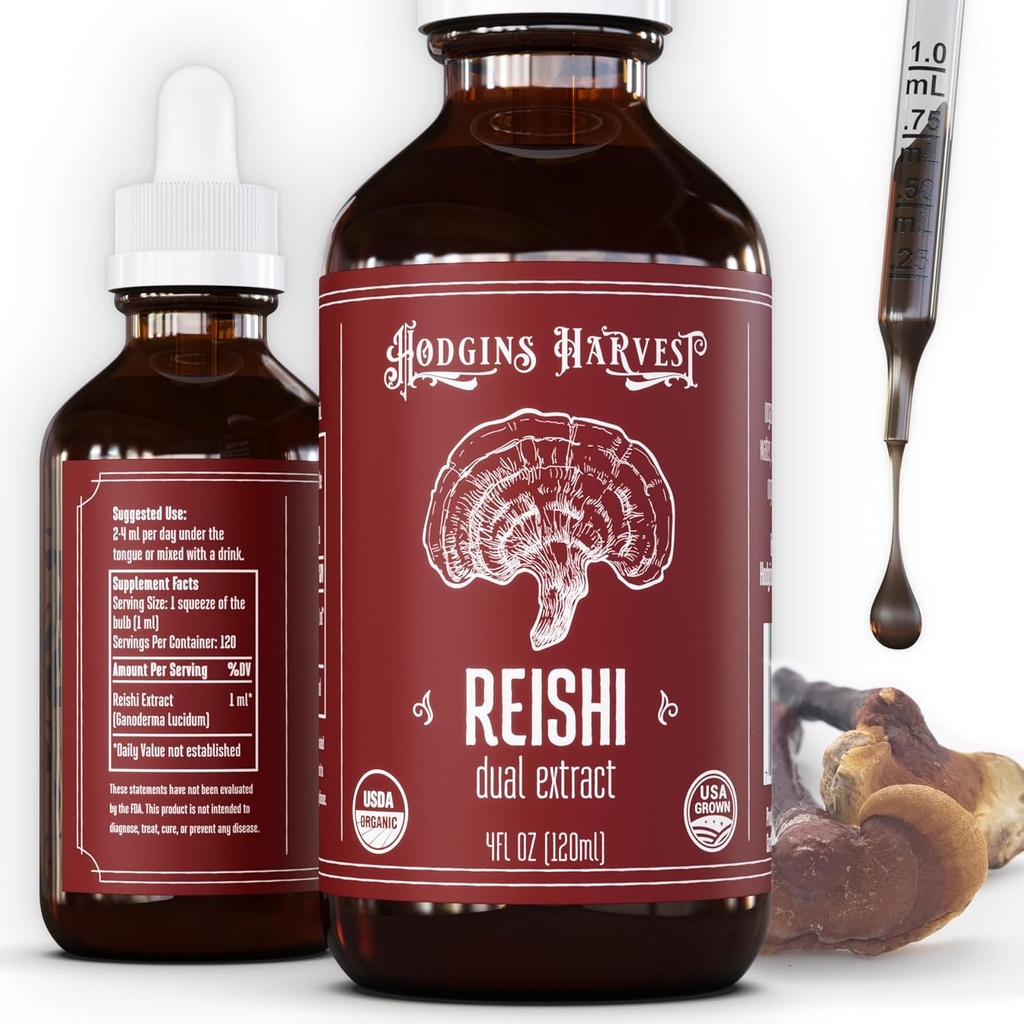 Hodgins 収穫 有機 Reishi のきのこ 実 ボディ エキスのチンキ - 余分集中された二重エキスの補足 - サポート 中心の健康及びウェルネス - USDA の有機のきのこ - 4 oz