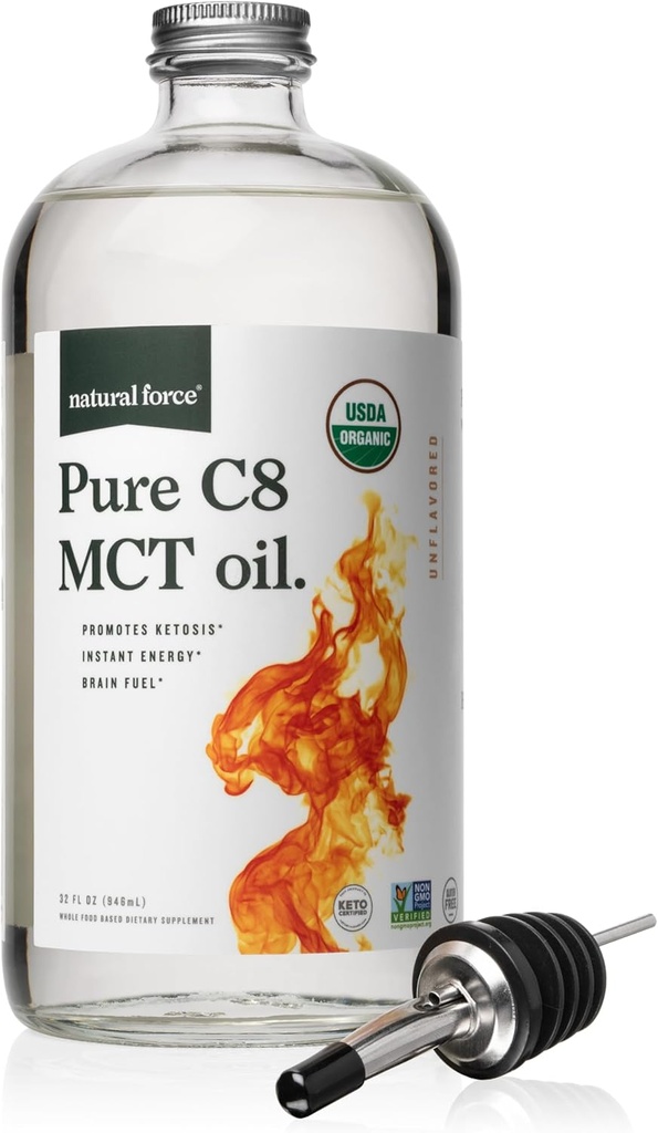 天然力有機純粋なC8 MCTオイル - ガラスボトル容器の液体MCTオイル - 濃縮カプリル酸 - Keto、Paleo、Kosher、ビーガン&非GMO - 品質と純度のためにテストラボ、32 Ounce