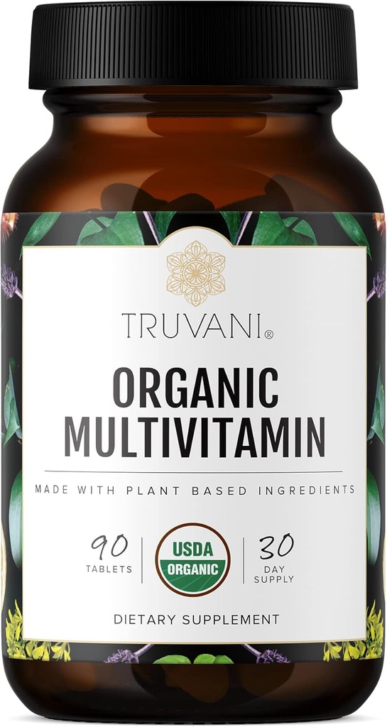 Truvani Daily Organic Multivitamin Supplement - Vegan, Non GMO Tablets with Iron & Biotin - Dairy, Soy, & Gluten Free - 30 Day Supply (90 Tablets)