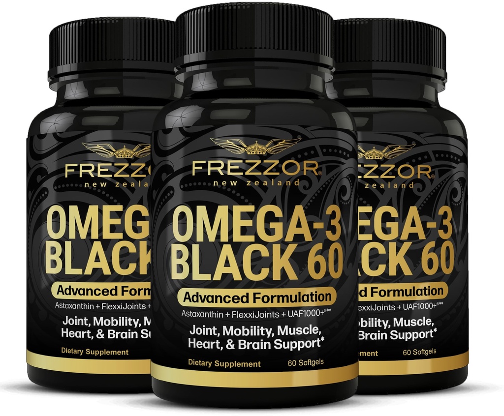 FREZZOR Omega 3 ブラック のための 共同ケア & コンフォート - ニュージーランド グリーン リッピング Mussel オイル カプセル; 53x 高い効力 と UAF1000 + スーパー 酸化防止, いいえ 魚 後味, 60 カウント (パック 3)