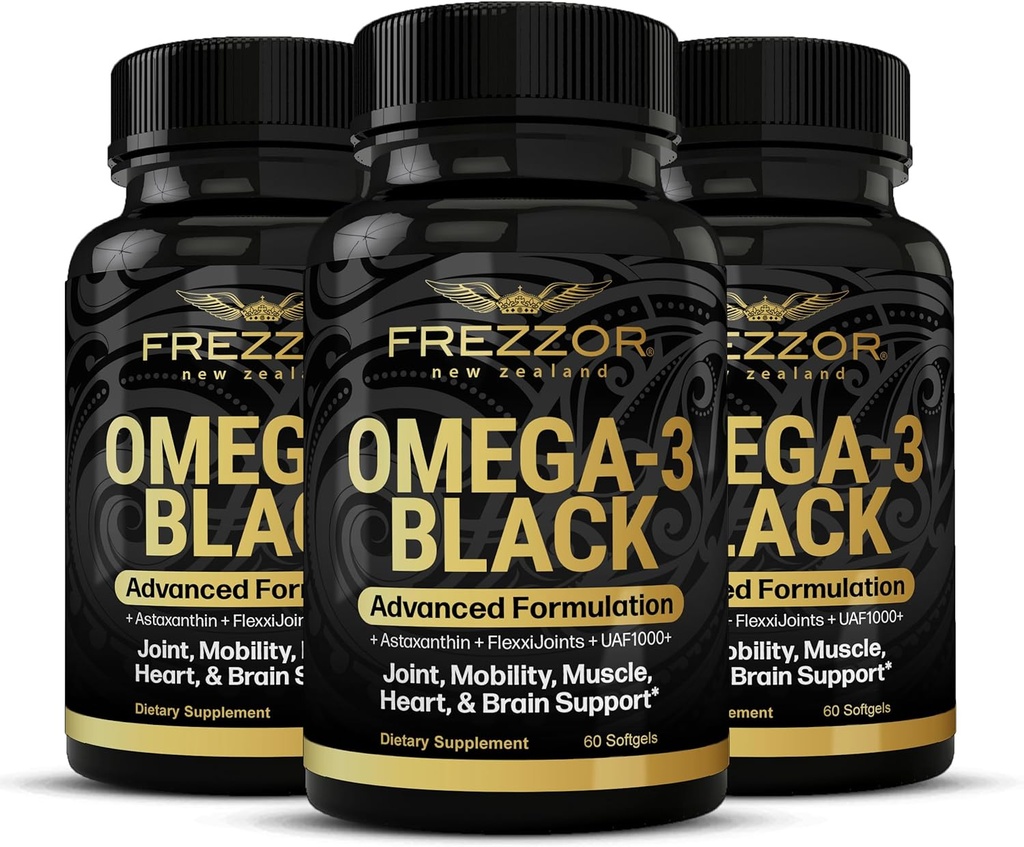 FREZZOR Omega 3 ブラック のための 共同ケア & コンフォート - ニュージーランド グリーン リッピング Mussel オイル カプセル; 53x 高い効力 と UAF1000 + スーパー 酸化防止, いいえ 魚 後味, 60 カウント (パック 3)